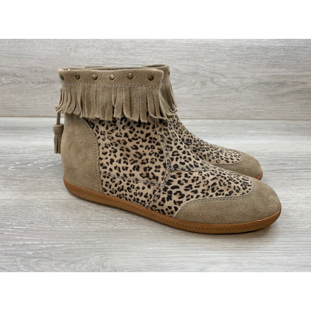 Otbt Women's Leopard Print Fringe Wedge Booties Tan Suede Tassel Ankle Boots 8